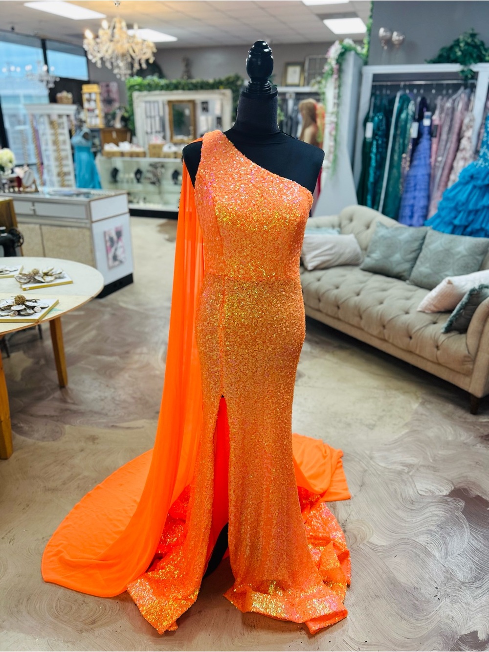 Portia and Scarlett One-Shoulder Neon Orange Sequin Prom Gown